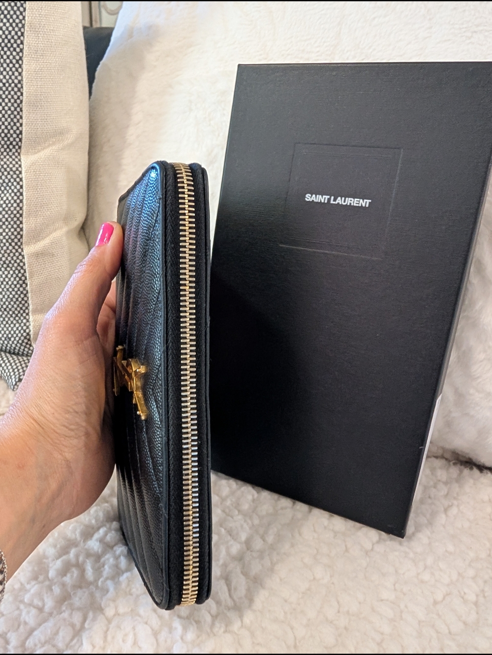 Saint Laurent Black Quilted Leather Zip Wallet with Gold Logo - Picture 8 of 11